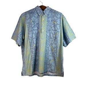 Hilo Hattie Mens Blue Yellow Hawaiian Floral 1/4 Button Down Shirt Size XL FLAW